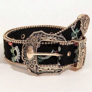 Embroidered Black Belt with Gold Buckle